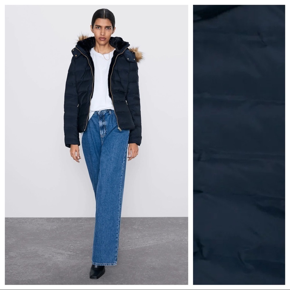 NWT. Zara Navy Blue Fitted Down Puffer Jacket. Size L.